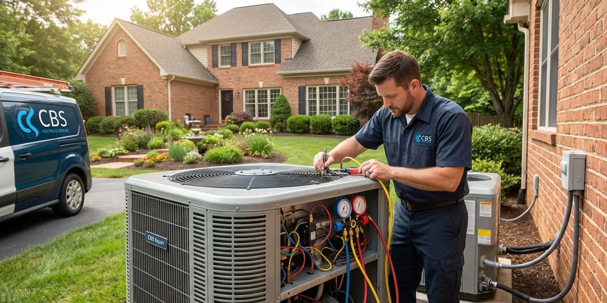 Professional AC repair technician servicing a central air conditioning unit at a Manassas, Virginia home