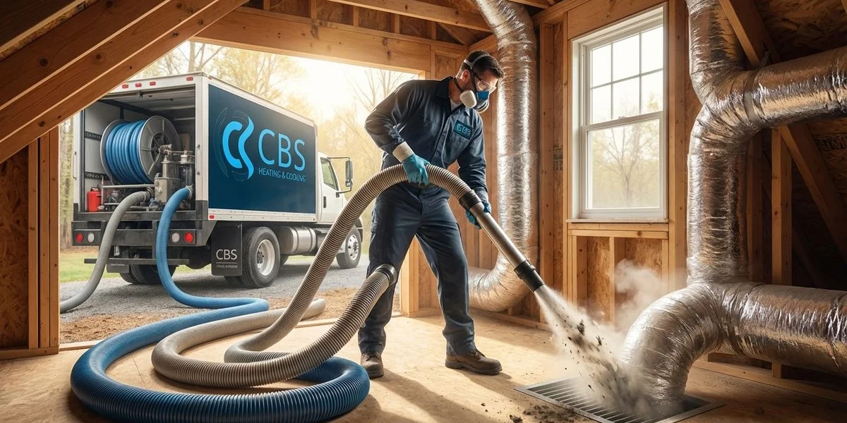 Professional duct cleaning technician using high-powered vacuum equipment to clean HVAC ductwork in a Virginia home