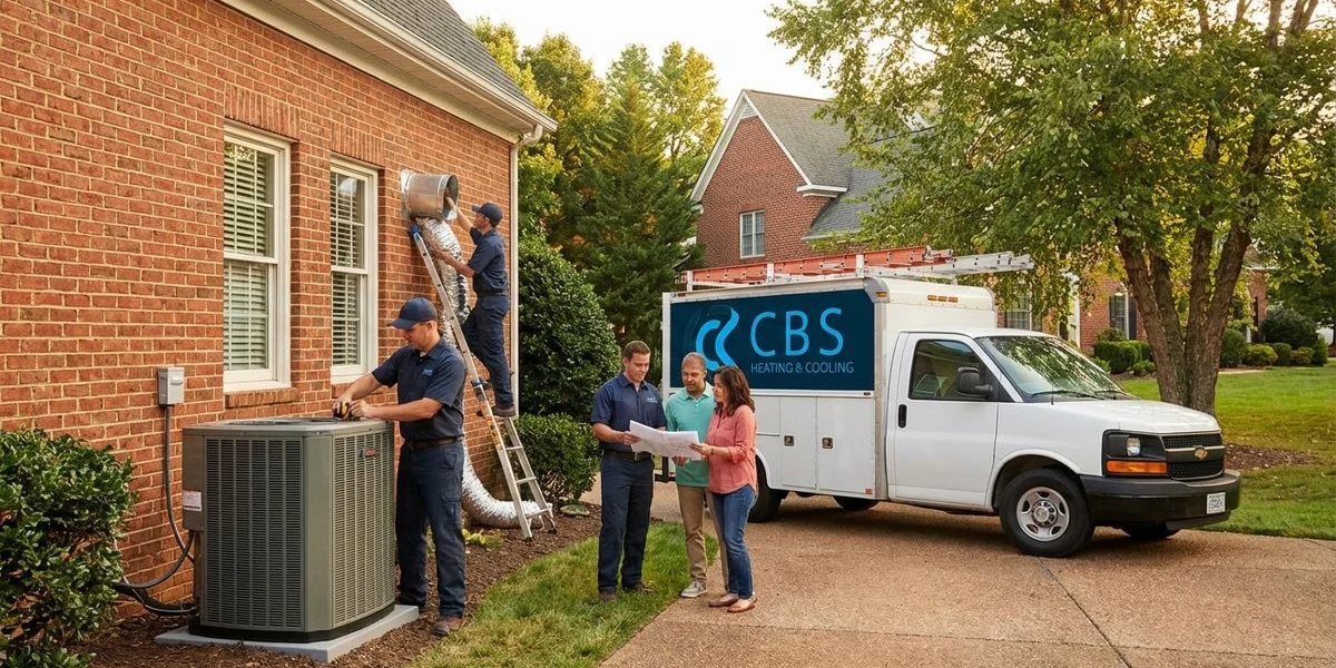 Professional HVAC installation team setting up a new central air conditioning and heating system at a Virginia home